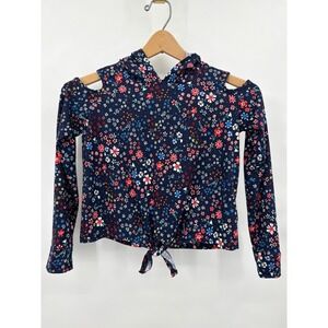Joey B Girls Navy Blue‎ Floral Cold Shoulder Tie Front Hoodie Top Large 10/12